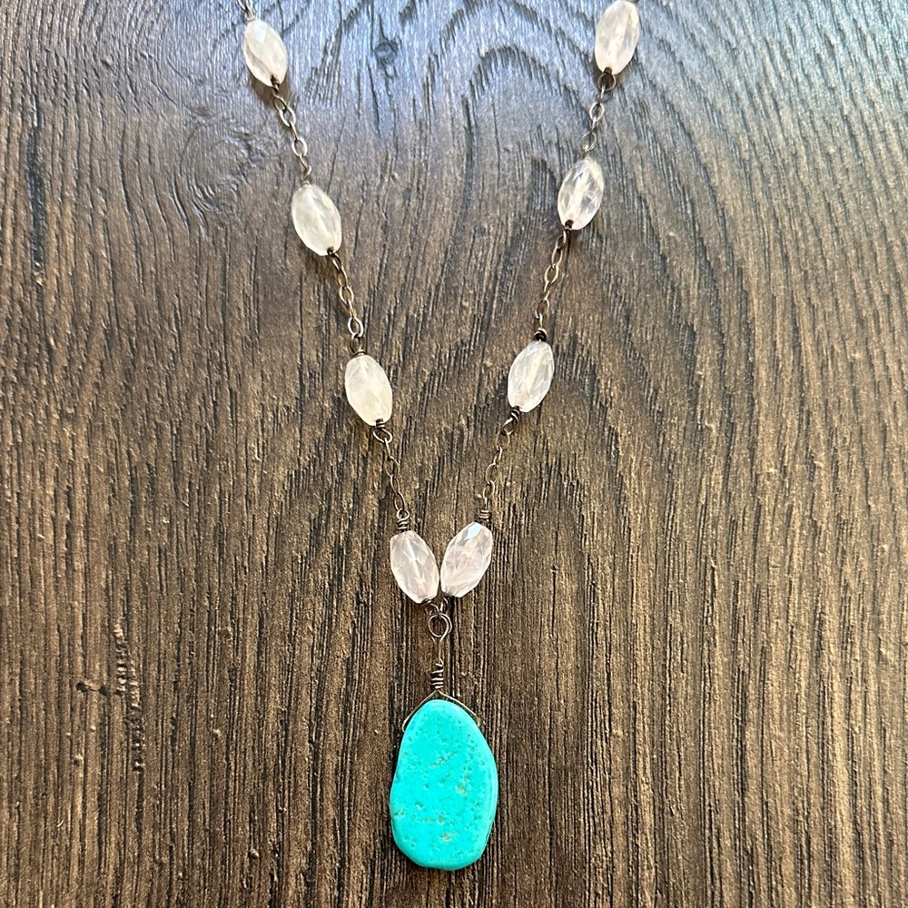 Rose Quartz with free-form Turquoise drop necklace